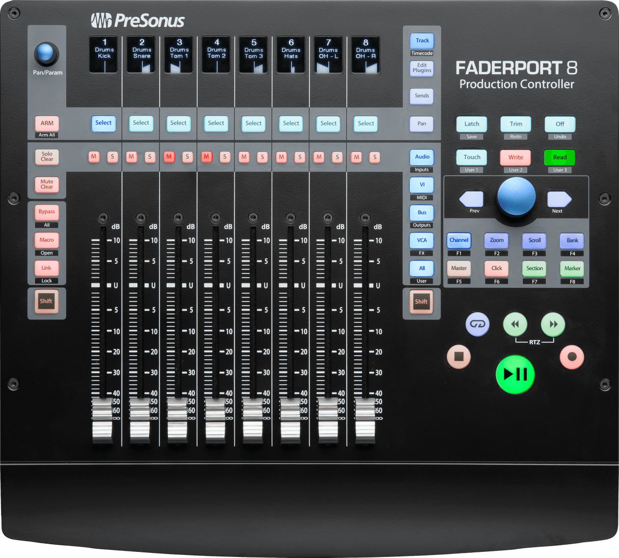 Superficie de control PreSonus FaderPort 8 vista principal completa sobre fondo blanco