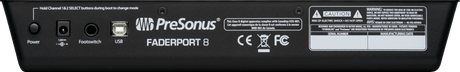 Superficie de control PreSonus FaderPort 8 vista secundaria completa sobre fondo blanco