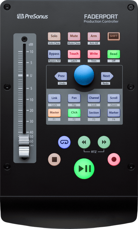 Superficie de control PreSonus FaderPort V2 vista principal completa sobre fondo blanco