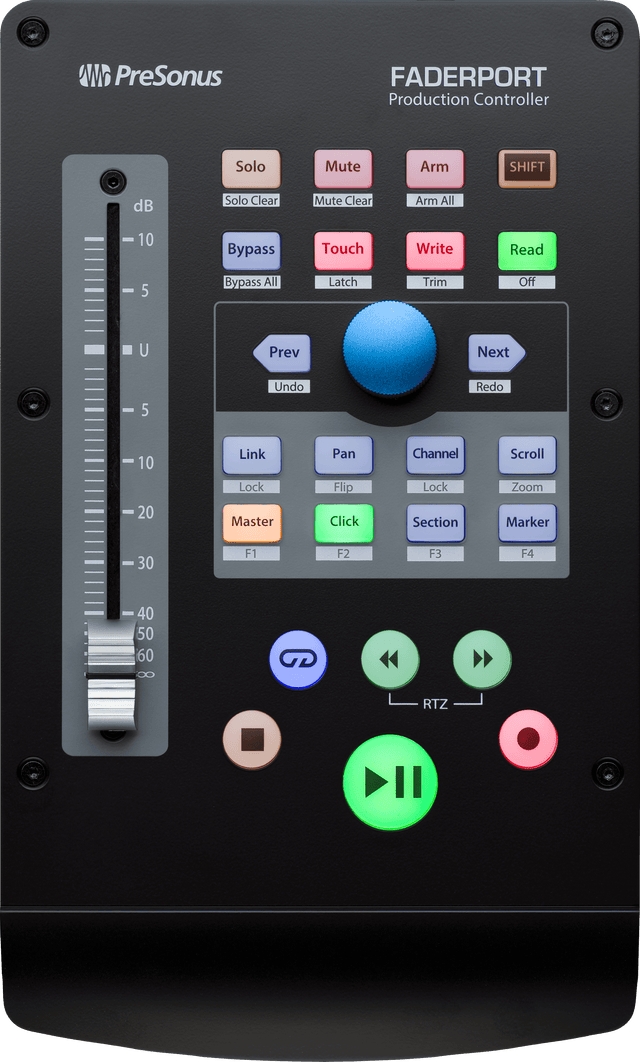 Superficie de control PreSonus FaderPort V2 vista principal completa sobre fondo blanco