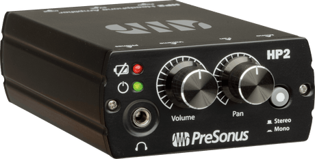 Amplificador de audífonos PreSonus HP2 vista secundaria completa sobre fondo blanco