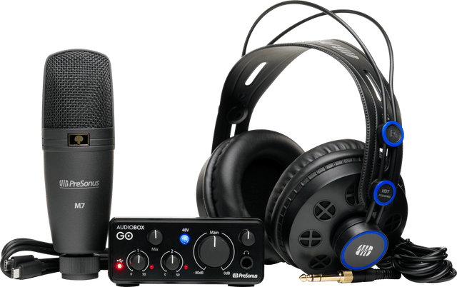Combo de grabación PreSonus AudioBox GO Creator completo sobre fondo blanco