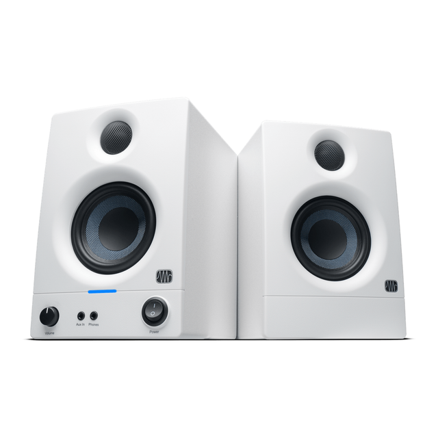Par de monitores PreSonus Eris 3.5 blancos, vista principal en ángulo