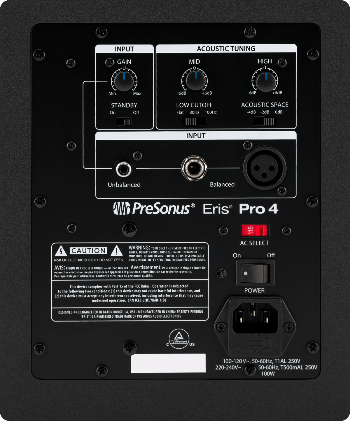 Monitor de estudio PreSonus Eris Pro 4 vista posterior completa sobre fondo blanco