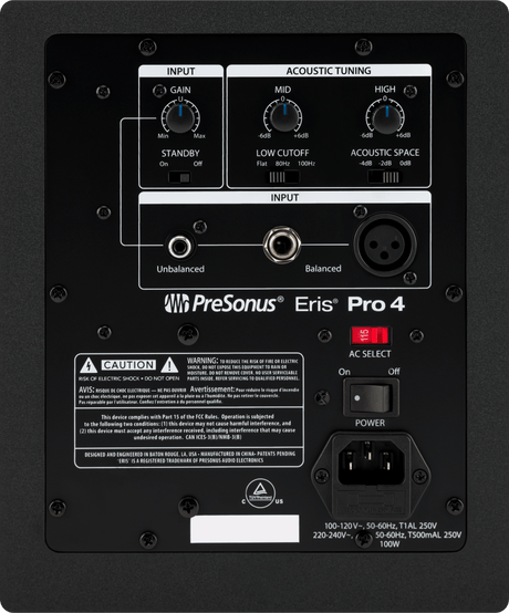 Monitor de estudio PreSonus Eris Pro 4 vista posterior completa sobre fondo blanco