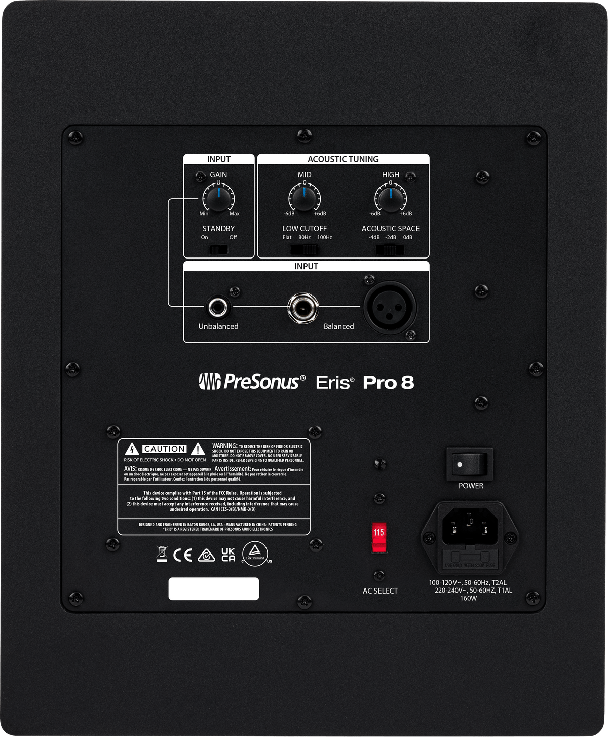 Monitor de estudio PreSonus Eris Pro 8 vista posterior completa sobre fondo blanco