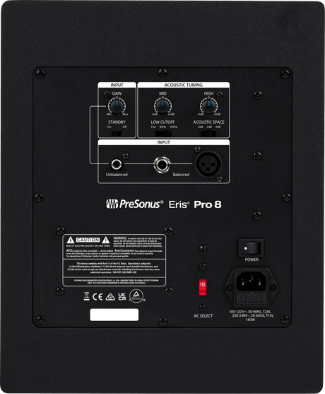 Monitor de estudio PreSonus Eris Pro 8 vista posterior completa sobre fondo blanco