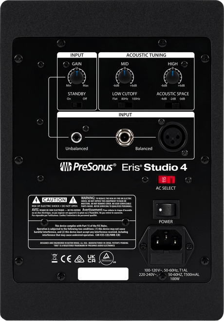 Monitor de estudio PreSonus Eris Studio 4 vista posterior completa sobre fondo blanco