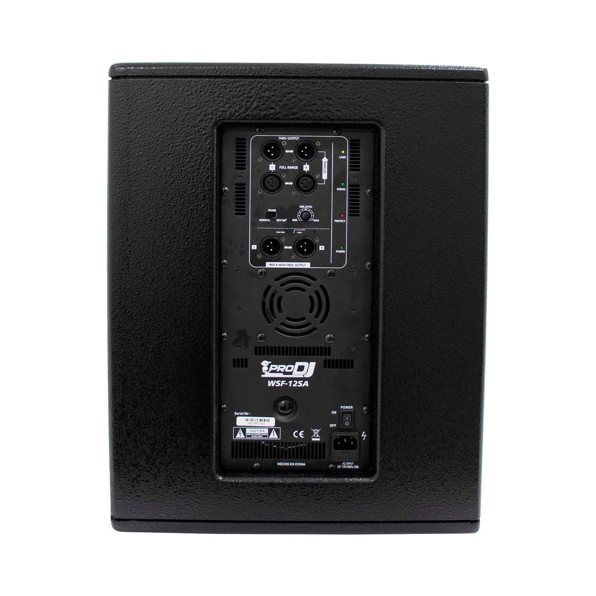 Bajo activo Pro DJ WSF-12SA, vista posterior y panel de conexiones sobre fondo blanco
