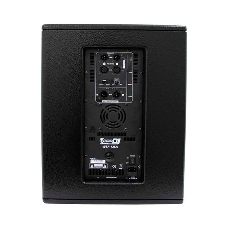Bajo activo Pro DJ WSF-12SA, vista posterior y panel de conexiones sobre fondo blanco
