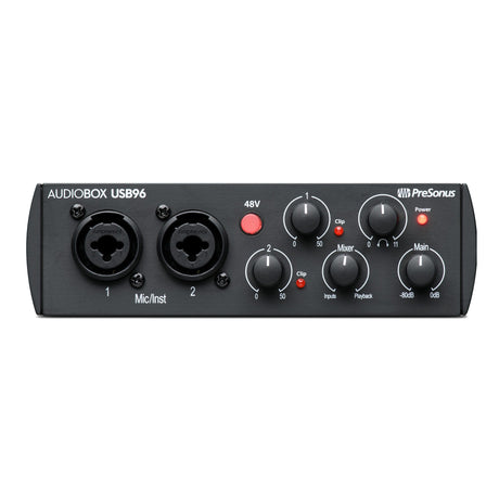 Interfaz PreSonus AudioBox USB 96 25th Anniversary, panel frontal con dos entradas y controles