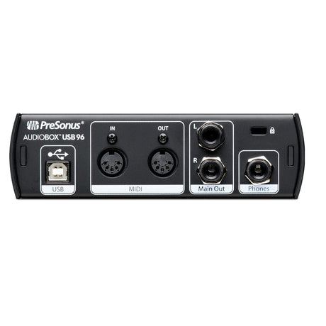 Interfaz PreSonus AudioBox USB 96 25th Anniversary, panel posterior con USB, MIDI, salidas principales y audífonos