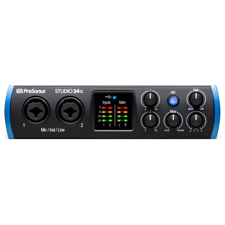 Interfaz PreSonus Studio 24c, panel frontal con dos entradas, medidores y controles