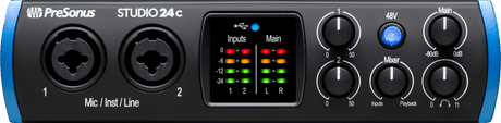 Interfaz PreSonus Studio 24c, detalle del panel frontal