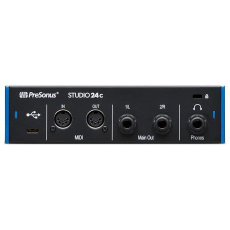 Interfaz PreSonus Studio 24c, panel posterior con USB, MIDI, salidas principales y audífonos