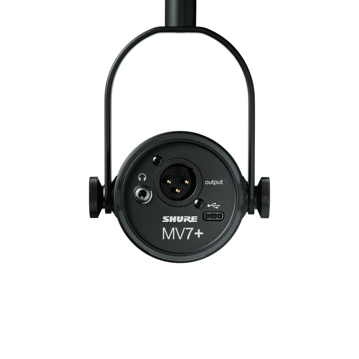 Vista posterior oficial del Shure MV7+ negro con conexiones USB-C y XLR