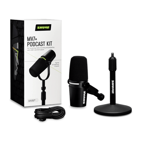Kit Shure MV7+-K-BNDL negro completo con micrófono, soporte, cable y empaque