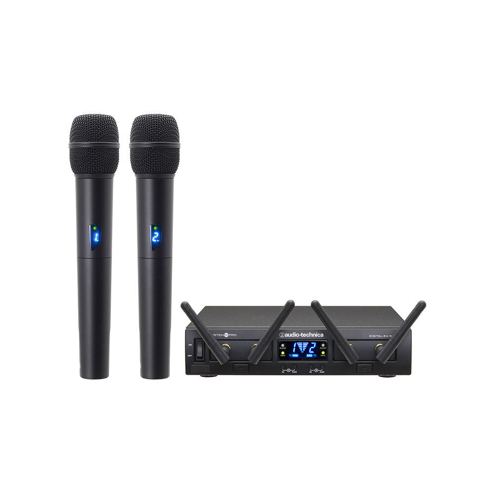 Sistema Inalámbrico Digital AudioTechnica ATW 1322 System 10 con 2 Micrófonos de Mano vista oficial completa sobre fondo limpio