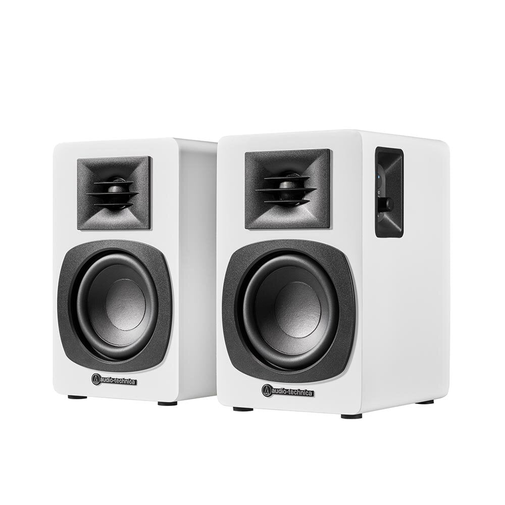 Parlantes Autoamplificados AudioTechnica AT SP3XWH con Conexión Inalámbrica vista oficial completa sobre fondo limpio