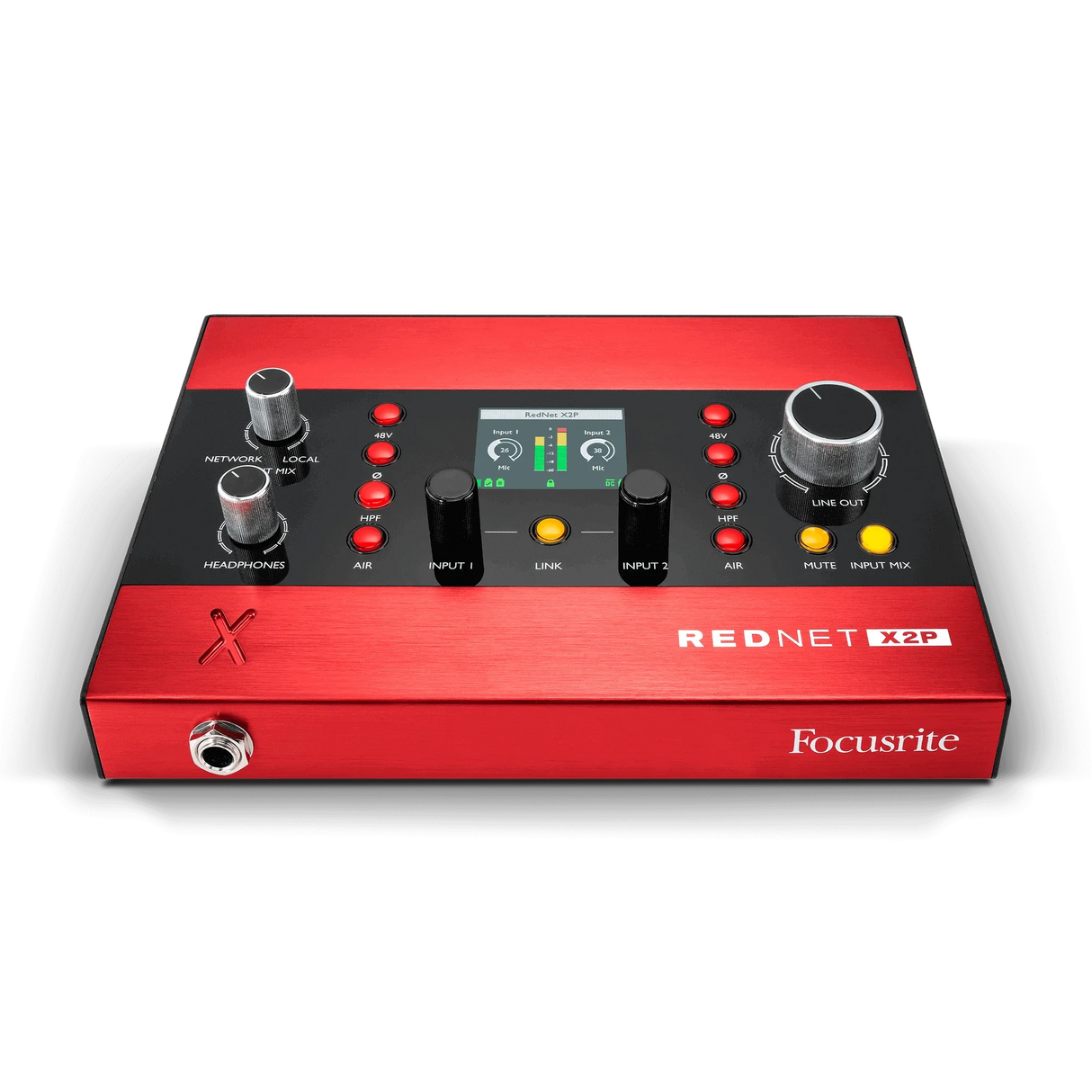 Interfaz Dante Focusrite RedNet X2P en vista frontal elevada