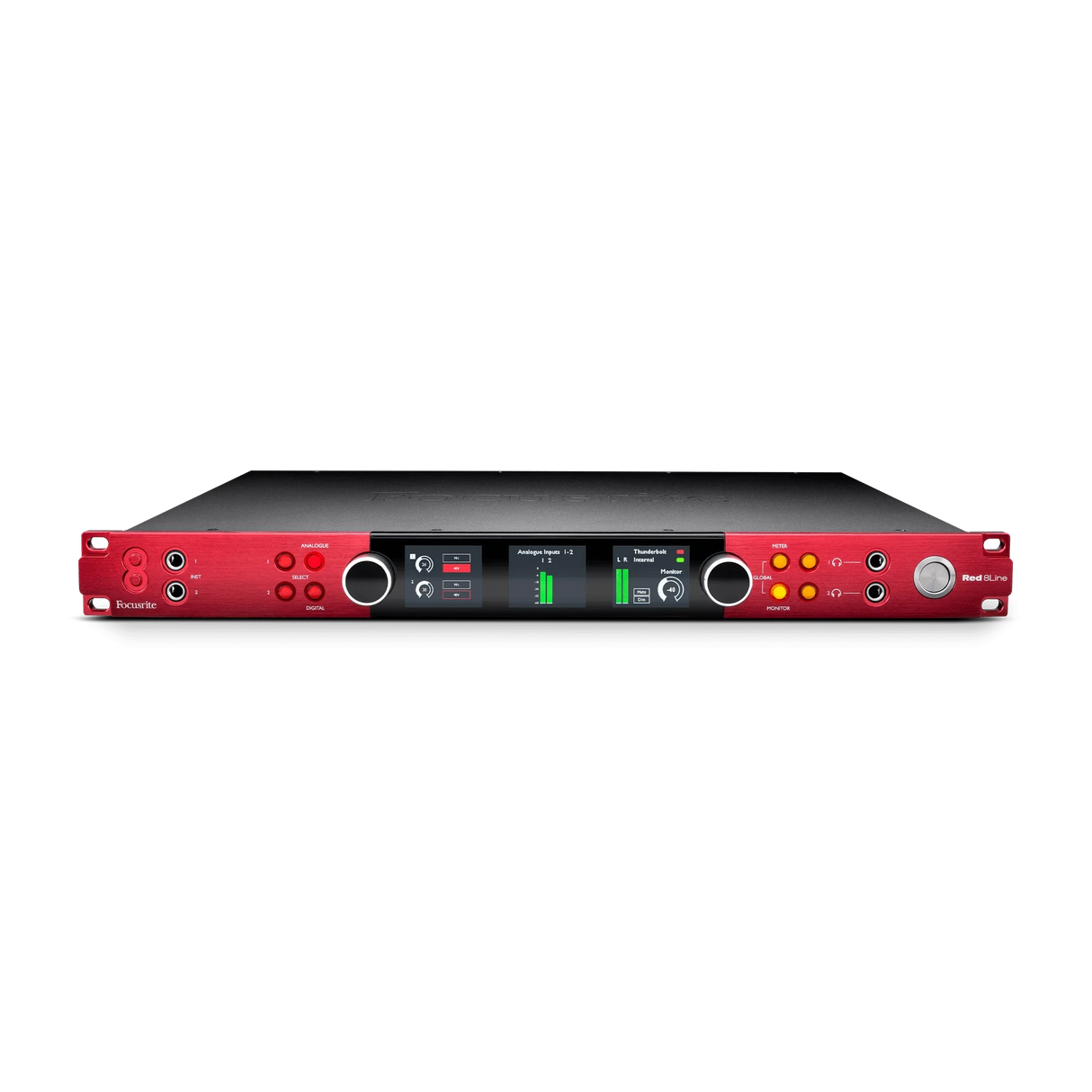 Interfaz de audio Focusrite Red 8Line en vista frontal elevada