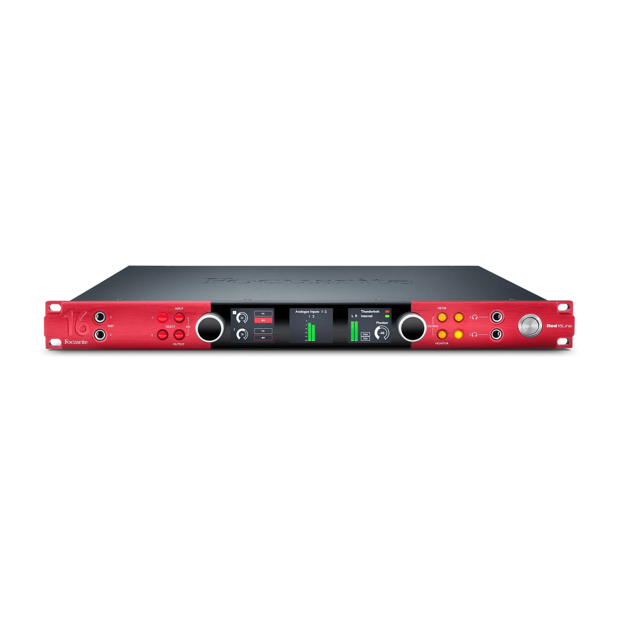 Interfaz de audio Focusrite Red 16Line en vista frontal elevada