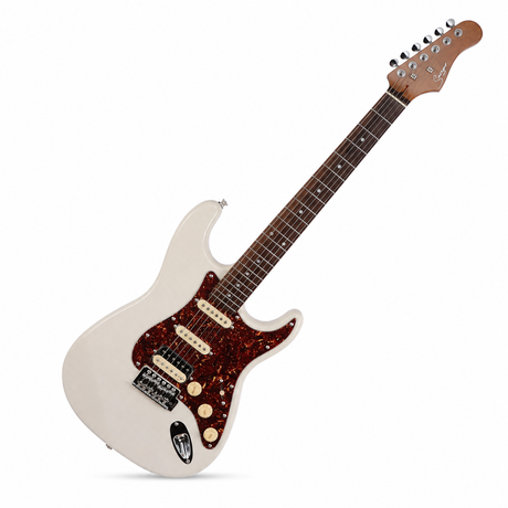 Guitarra eléctrica Smiger blanca completa en diagonal, cuerpo abajo a la izquierda y clavijero arriba a la derecha