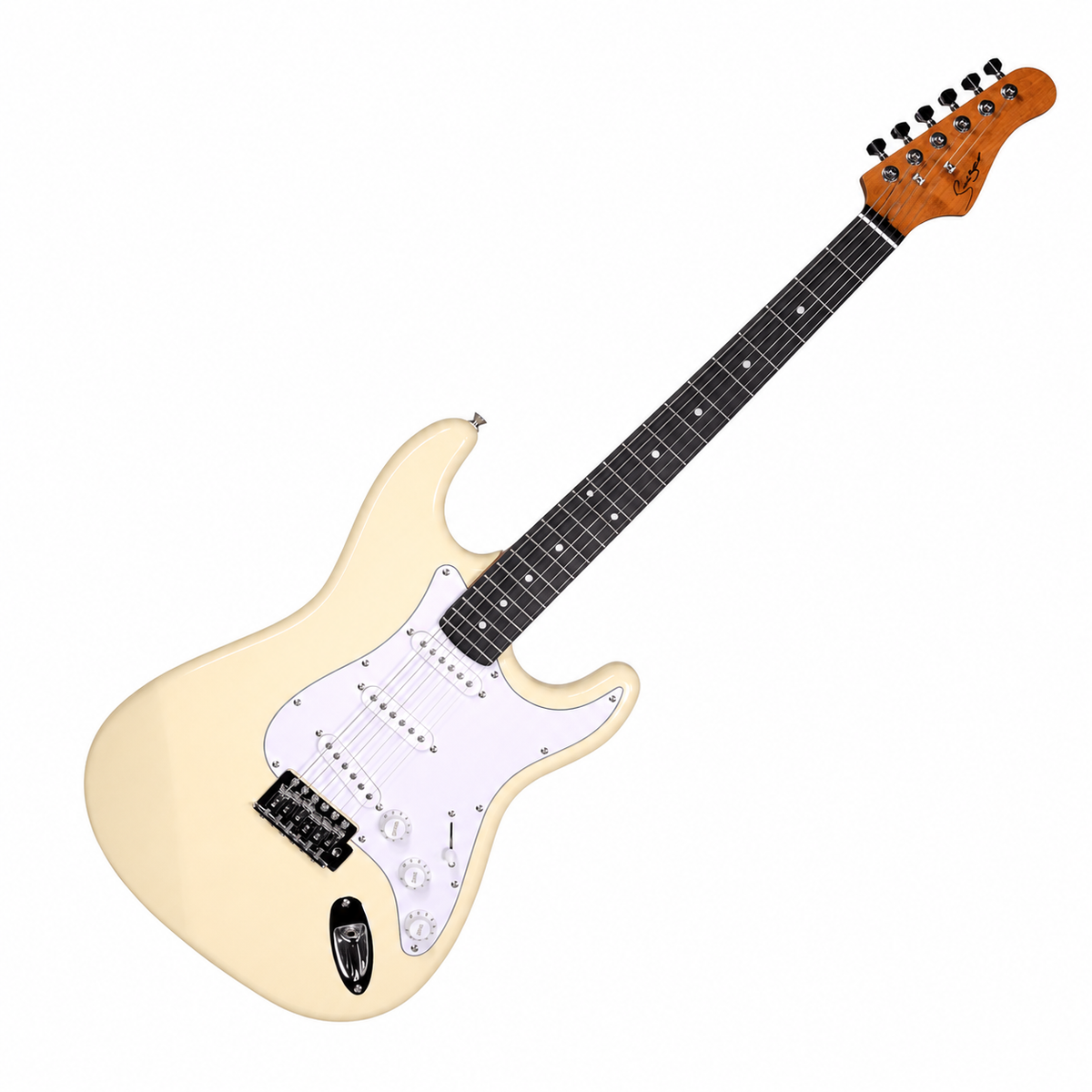 Guitarra eléctrica Smiger crema completa en diagonal, cuerpo abajo a la izquierda y clavijero arriba a la derecha