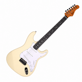 Guitarra eléctrica Smiger crema completa en diagonal, cuerpo abajo a la izquierda y clavijero arriba a la derecha