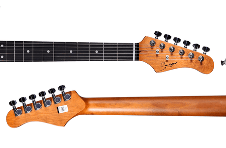 Guitarra eléctrica Smiger, detalle frontal y posterior del mástil