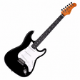 Guitarra eléctrica Smiger negra completa en diagonal, cuerpo abajo a la izquierda y clavijero arriba a la derecha