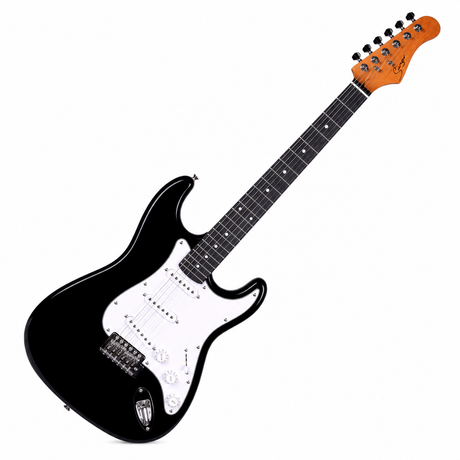 Guitarra eléctrica Smiger negra completa en diagonal, cuerpo abajo a la izquierda y clavijero arriba a la derecha