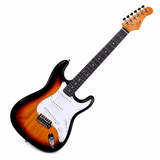 Guitarra eléctrica Smiger sunburst completa en diagonal, cuerpo abajo a la izquierda y clavijero arriba a la derecha