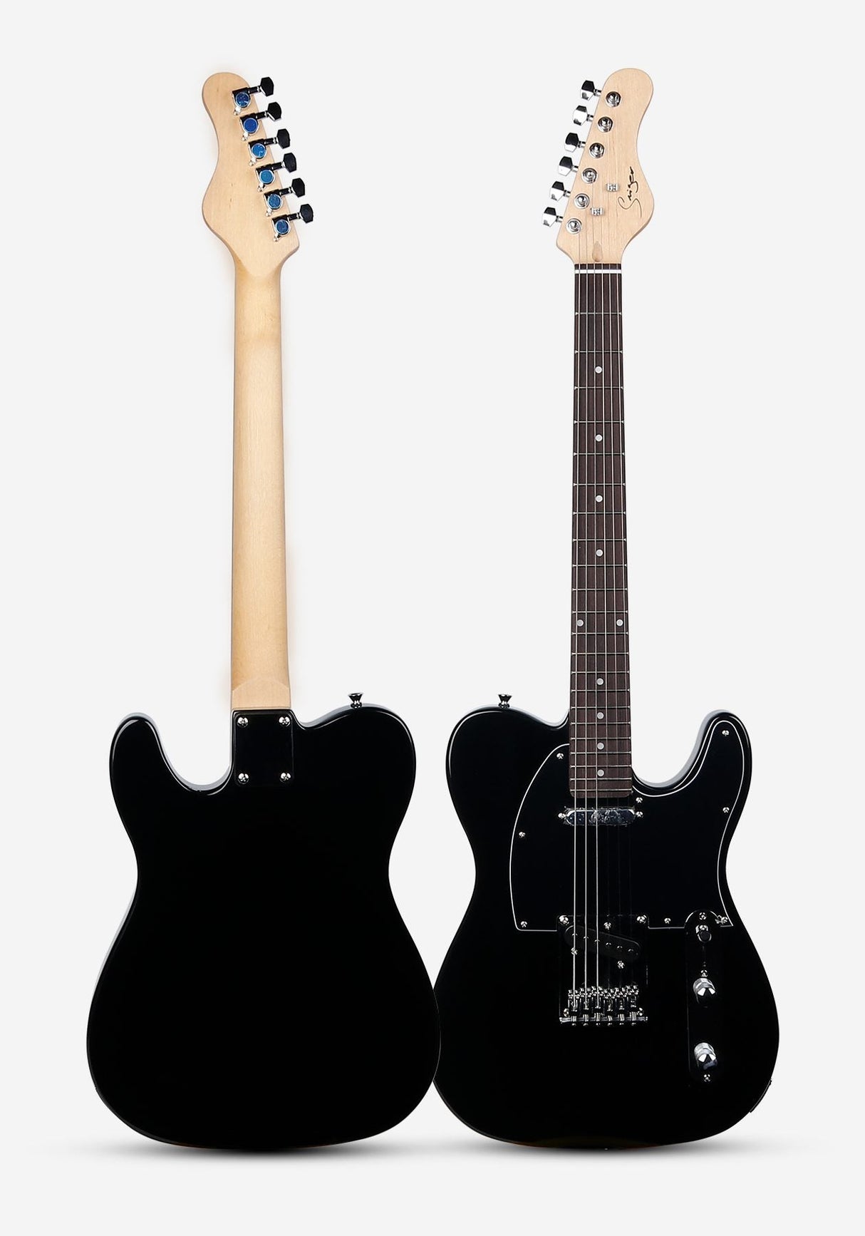 Guitarra eléctrica Telecaster Smiger negra, vistas frontal y posterior