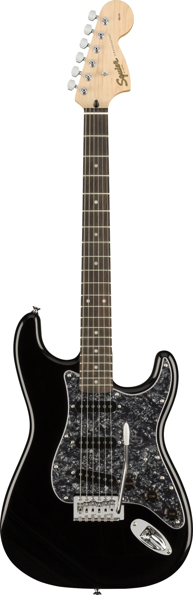 Guitarra Squier FSR Affinity Stratocaster Black con golpeador Black Pearloid 0370611506, vista frontal