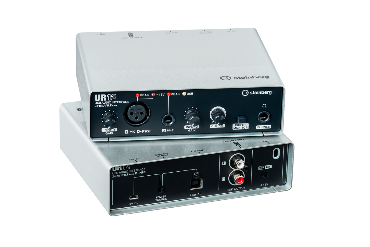 Interfaz de audio Steinberg UR12 plata y negro, paneles frontal y posterior