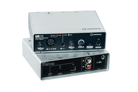 Interfaz de audio Steinberg UR12 plata y negro, paneles frontal y posterior