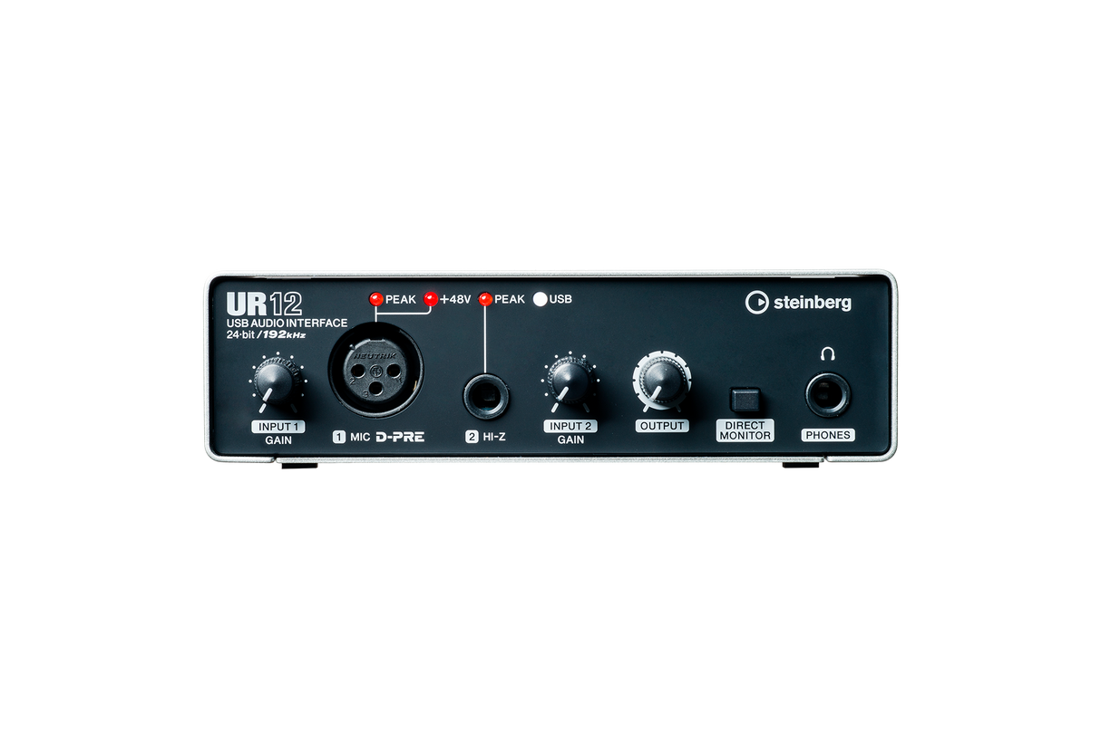 Interfaz de audio Steinberg UR12 plata y negro, panel frontal
