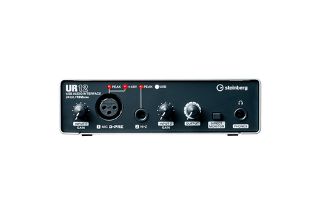 Interfaz de audio Steinberg UR12 plata y negro, panel frontal