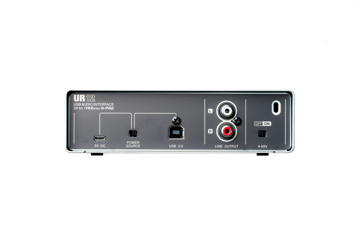 Interfaz de audio Steinberg UR12 plata y negro, panel posterior