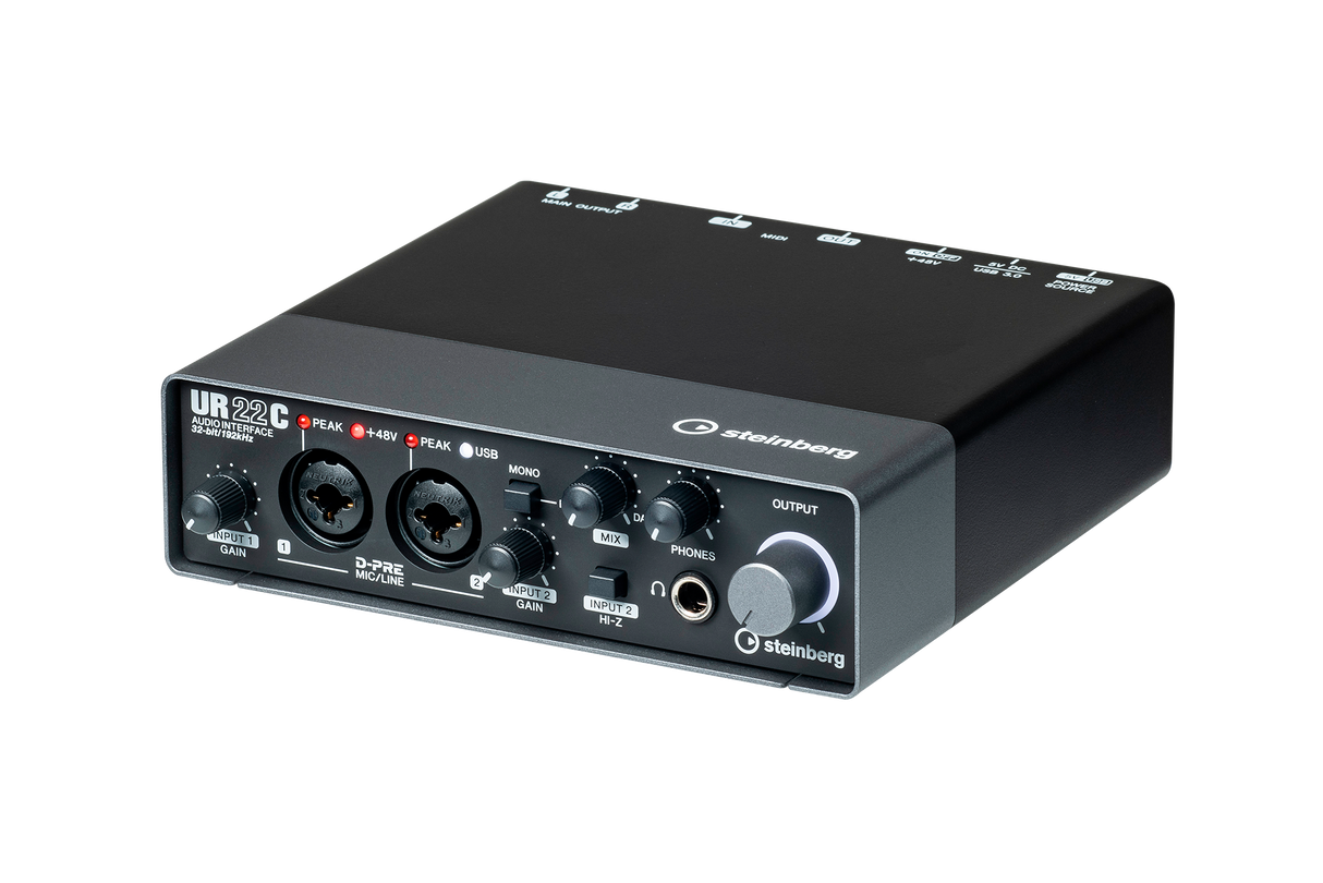 Interfaz de audio Steinberg UR22C negro y gris, vista posterior en perspectiva
