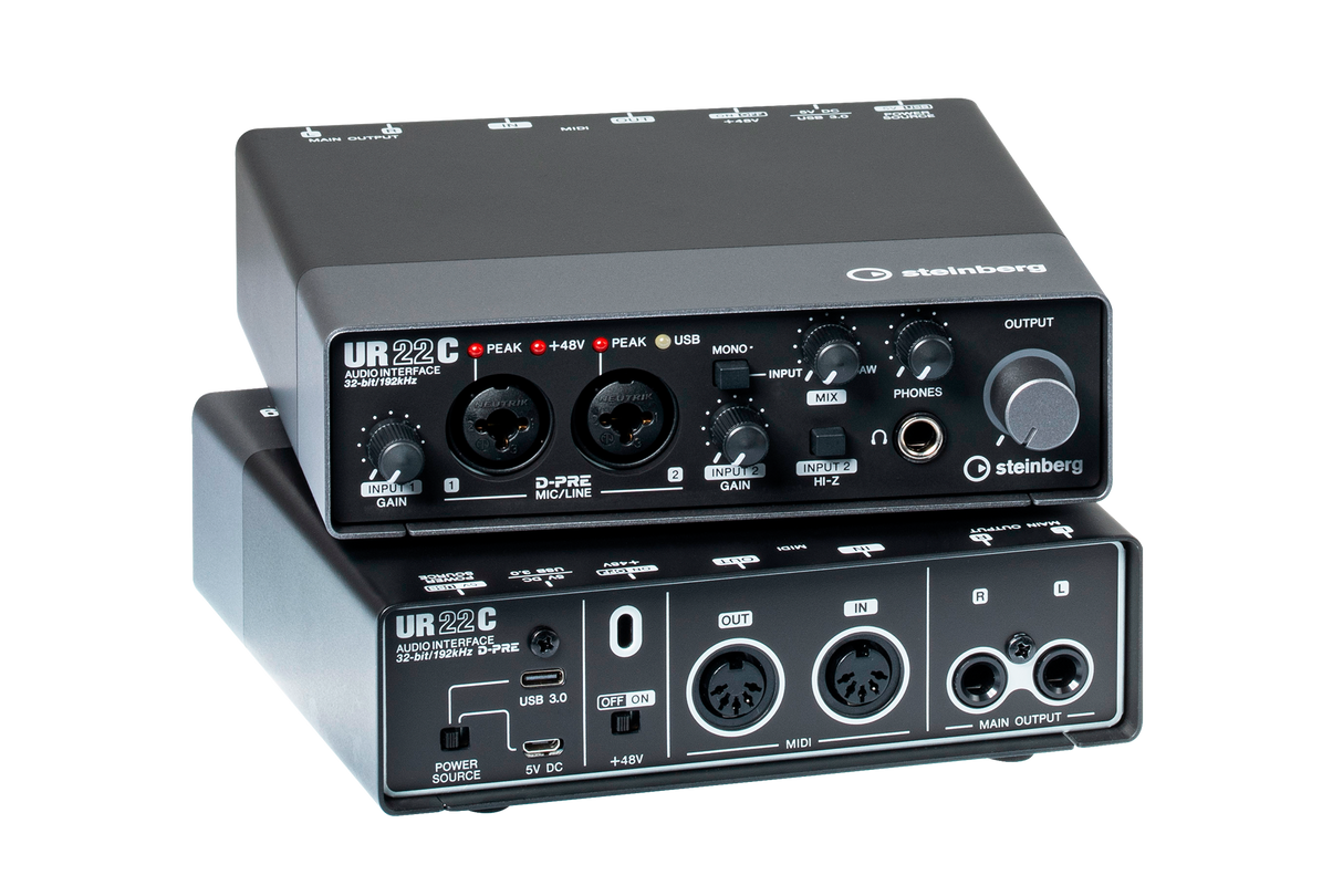 Interfaz de audio Steinberg UR22C negro y gris, paneles frontal y posterior