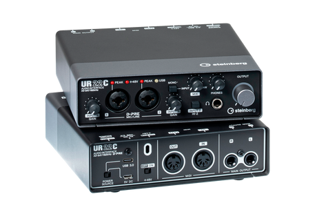 Interfaz de audio Steinberg UR22C negro y gris, paneles frontal y posterior