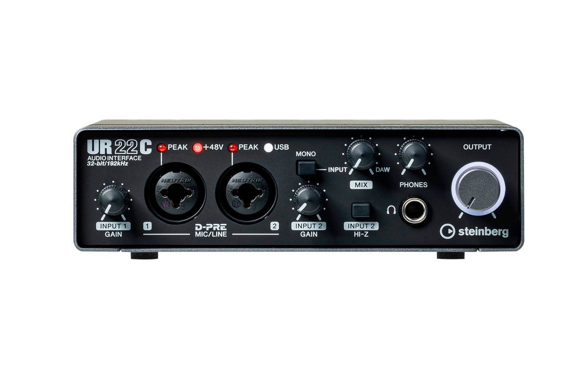 Interfaz de audio Steinberg UR22C negro y gris, panel frontal