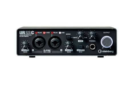 Interfaz de audio Steinberg UR22C negro y gris, panel frontal
