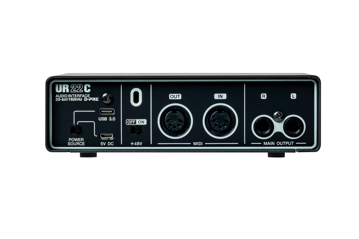 Interfaz de audio Steinberg UR22C negro y gris, panel posterior