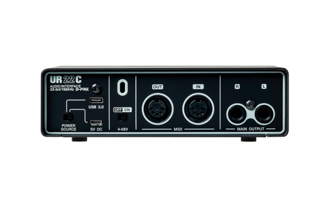 Interfaz de audio Steinberg UR22C negro y gris, panel posterior