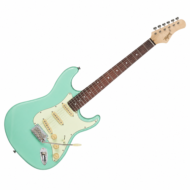 Guitarra Tagima T635 Surf Green, vista diagonal sobre fondo blanco