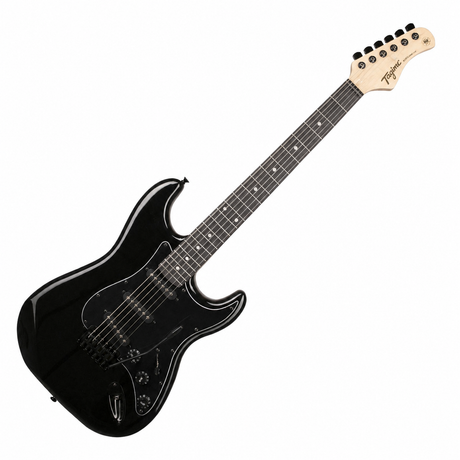 Guitarra zurda Tagima TG500 negra, vista diagonal sobre fondo blanco