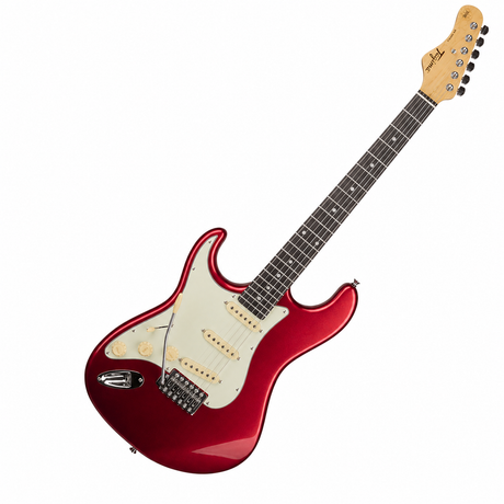 Guitarra zurda Tagima TG500 roja, vista diagonal sobre fondo blanco